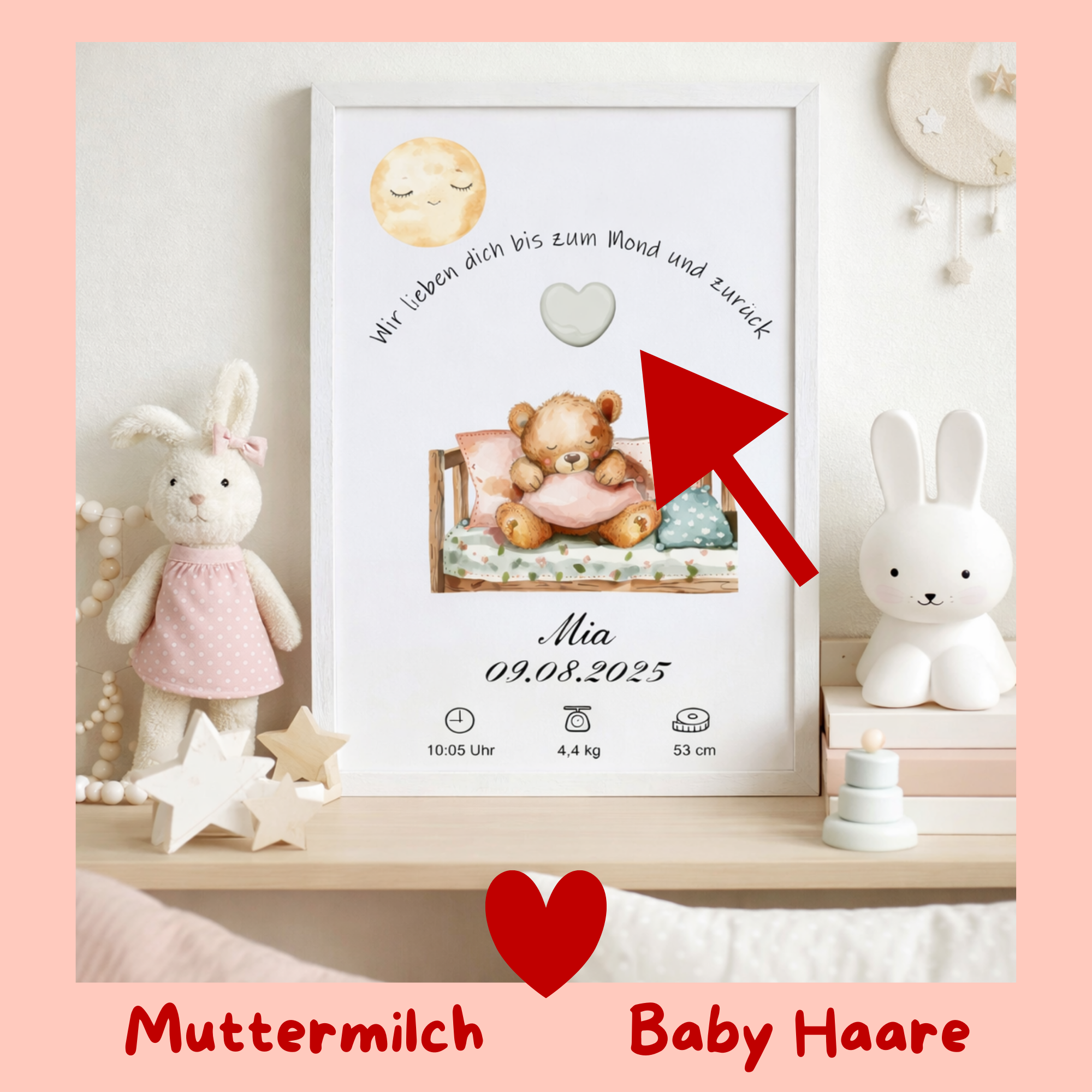 Muttermilch Erinnerungsbild - Haarsträhne optional - Wir lieben dich bis zum Mond – eine Alternative zu Muttermilchschmuck - Baby Erinnerung