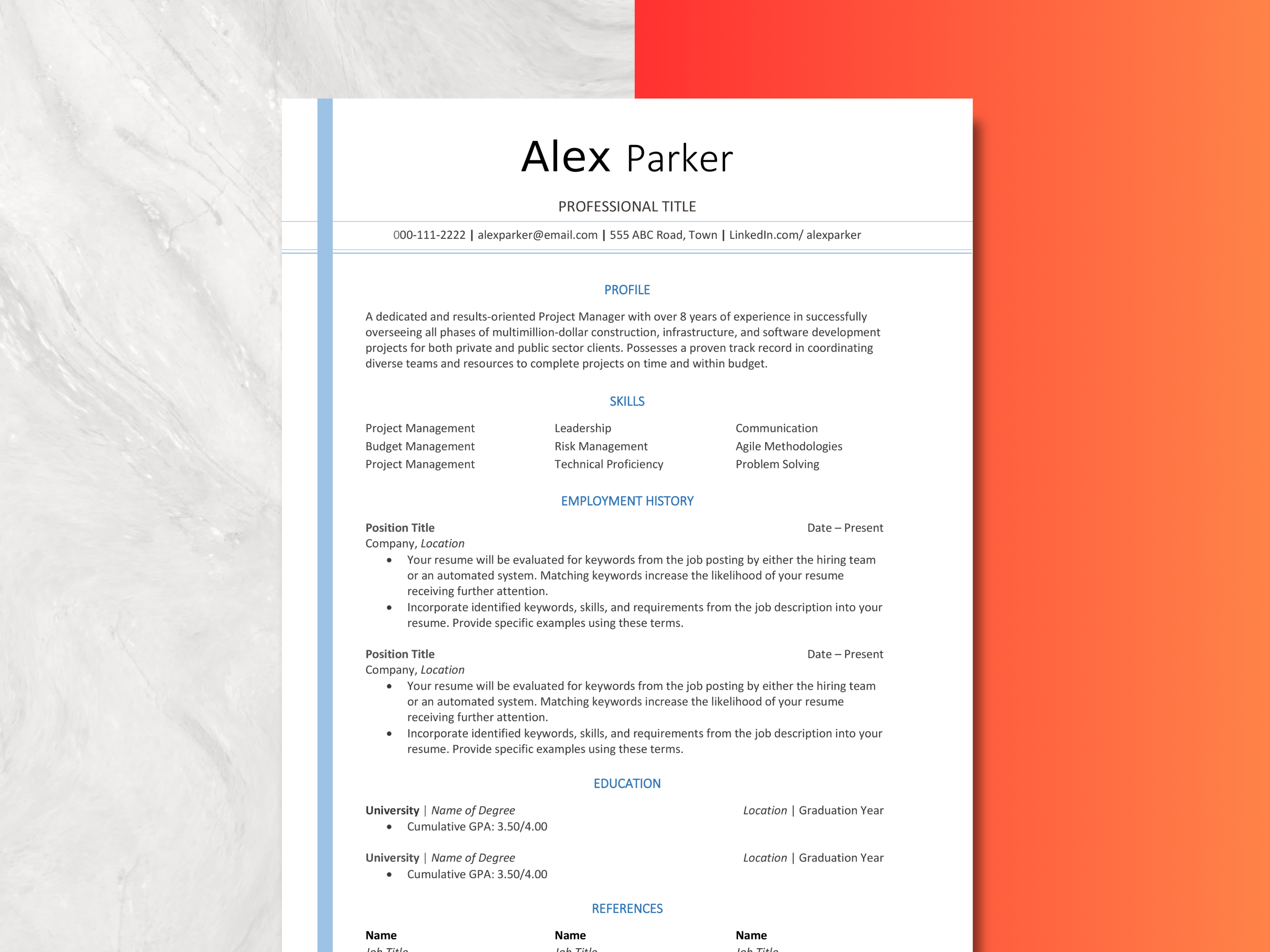 Professional 3 Page Resume, Cover Letter & References Template