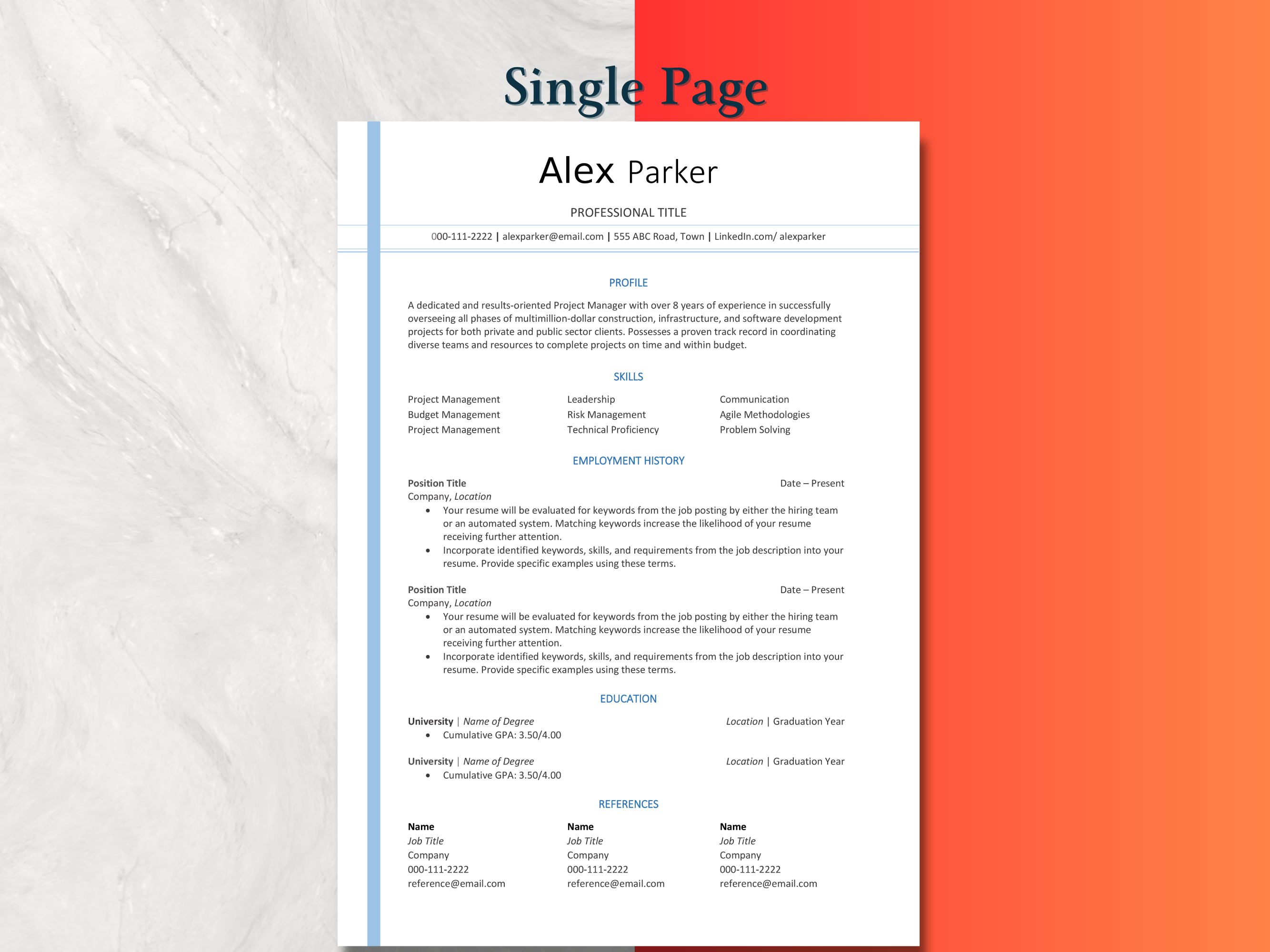 Professional 3 Page Resume, Cover Letter & References Template