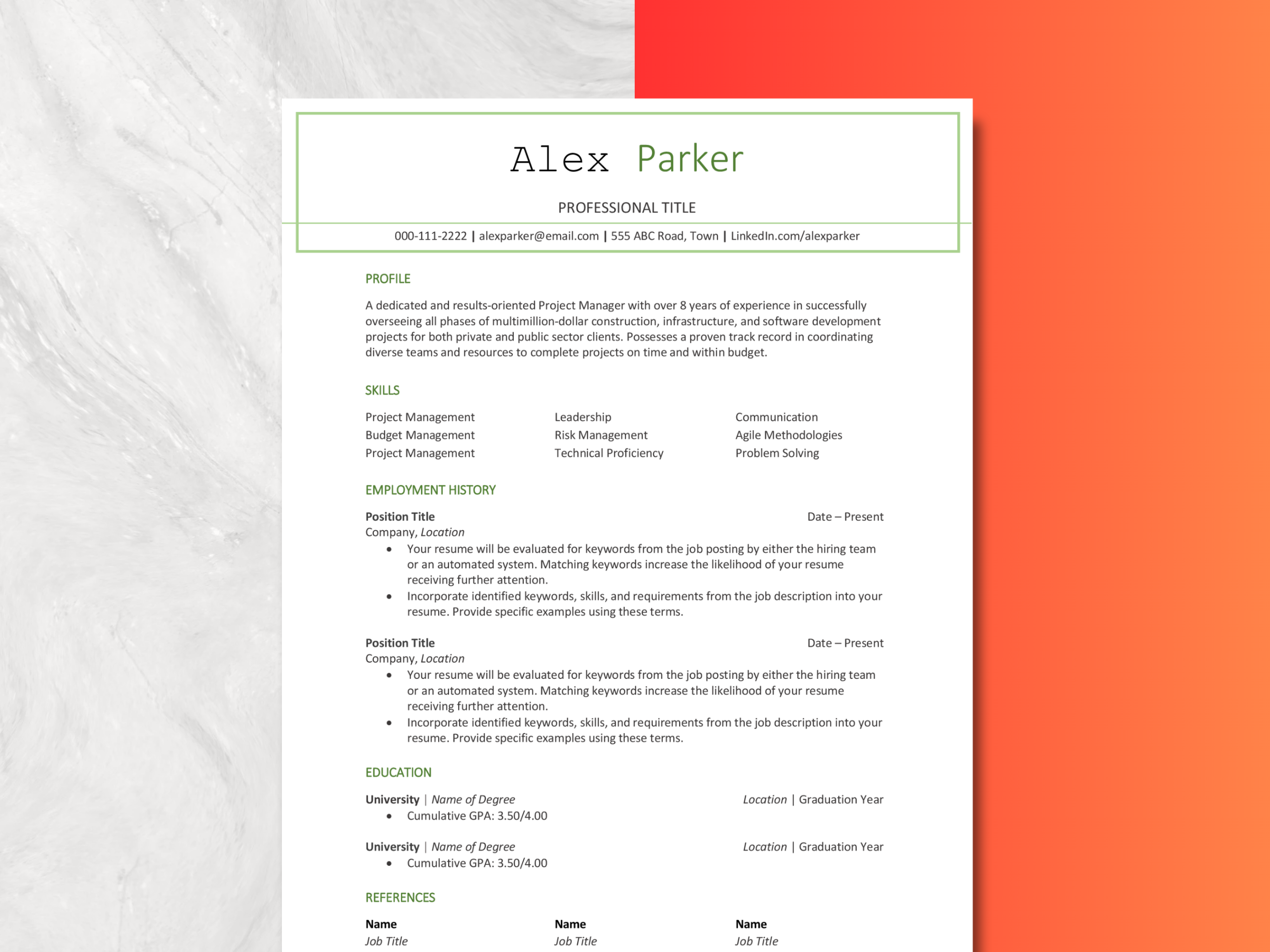 ATS Friendly Resume Template 1, 2 Page in Word Format