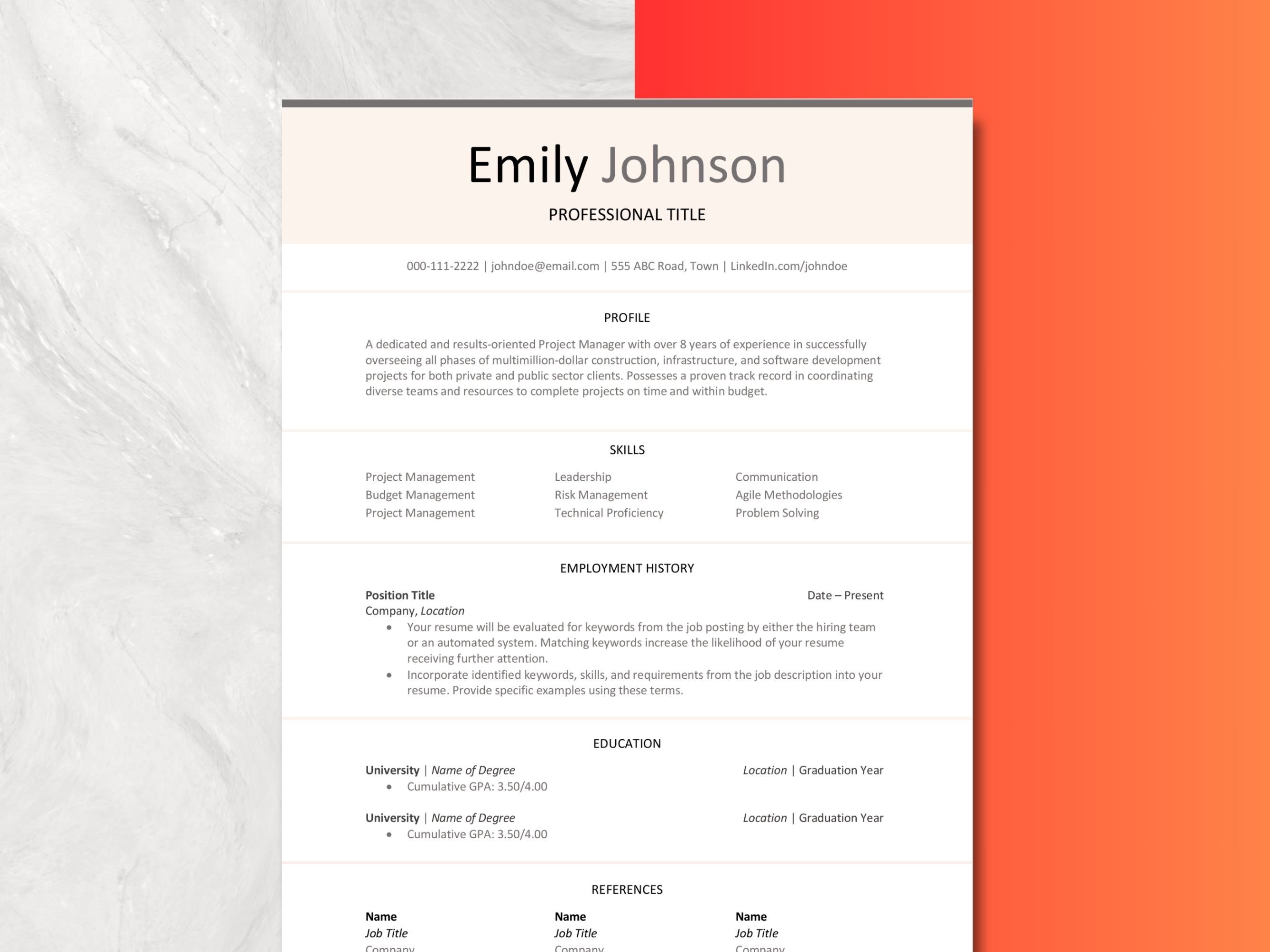 ATS Friendly Resume Template 1, 2 Page in Word
