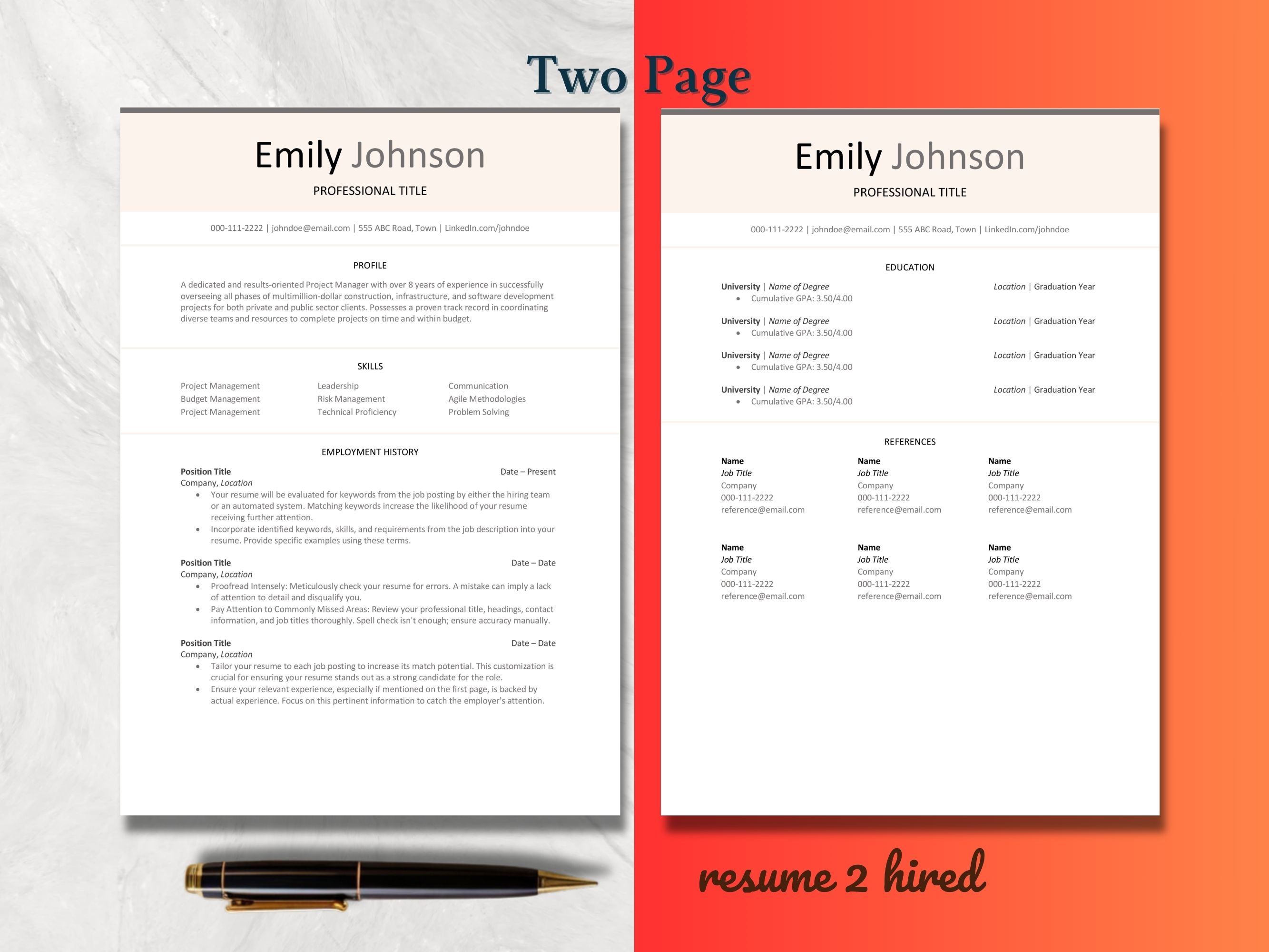 ATS Friendly Resume Template 1, 2 Page in Word