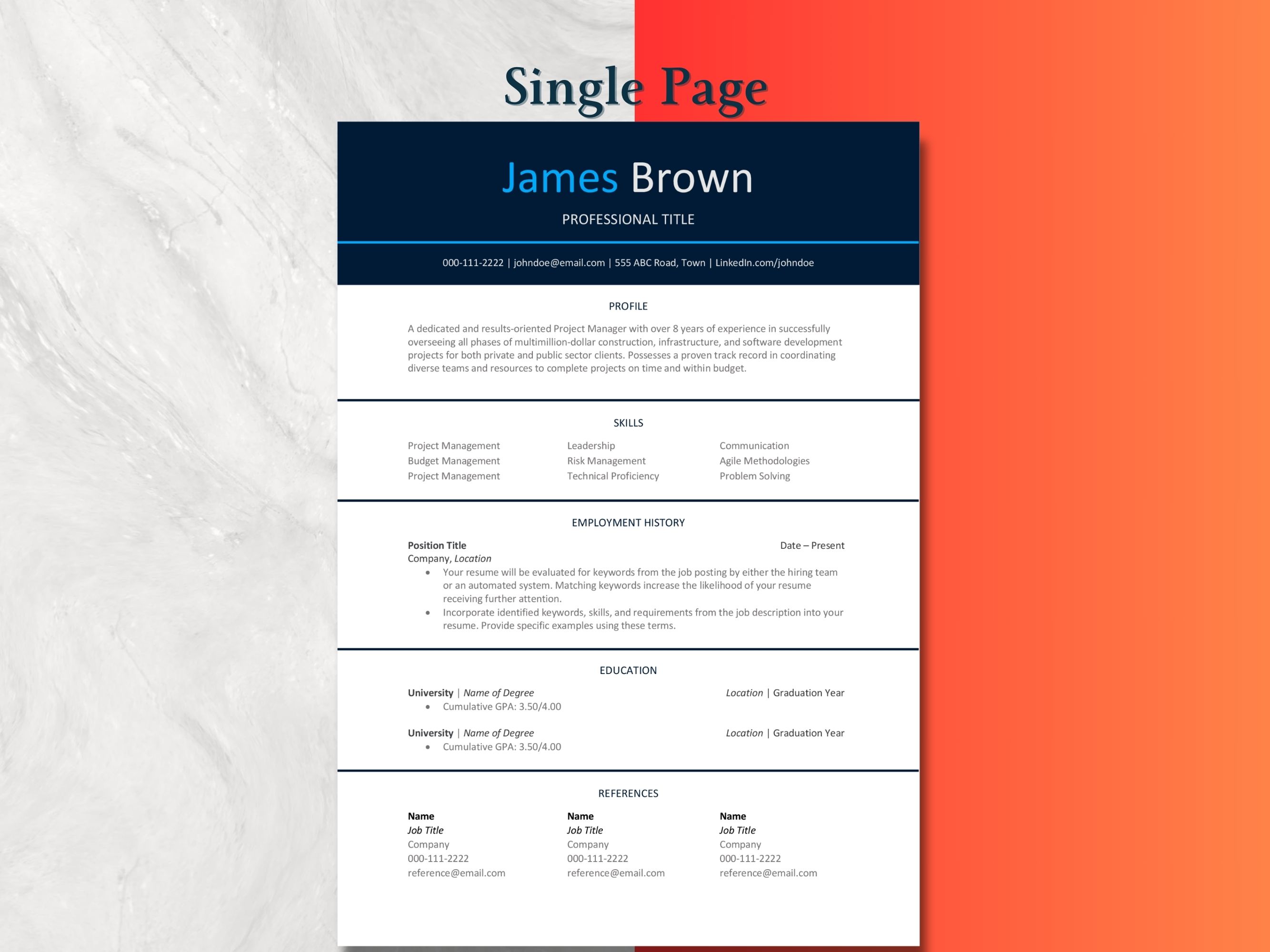 ATS Friendly Resume Template 1, 2 Page in Word