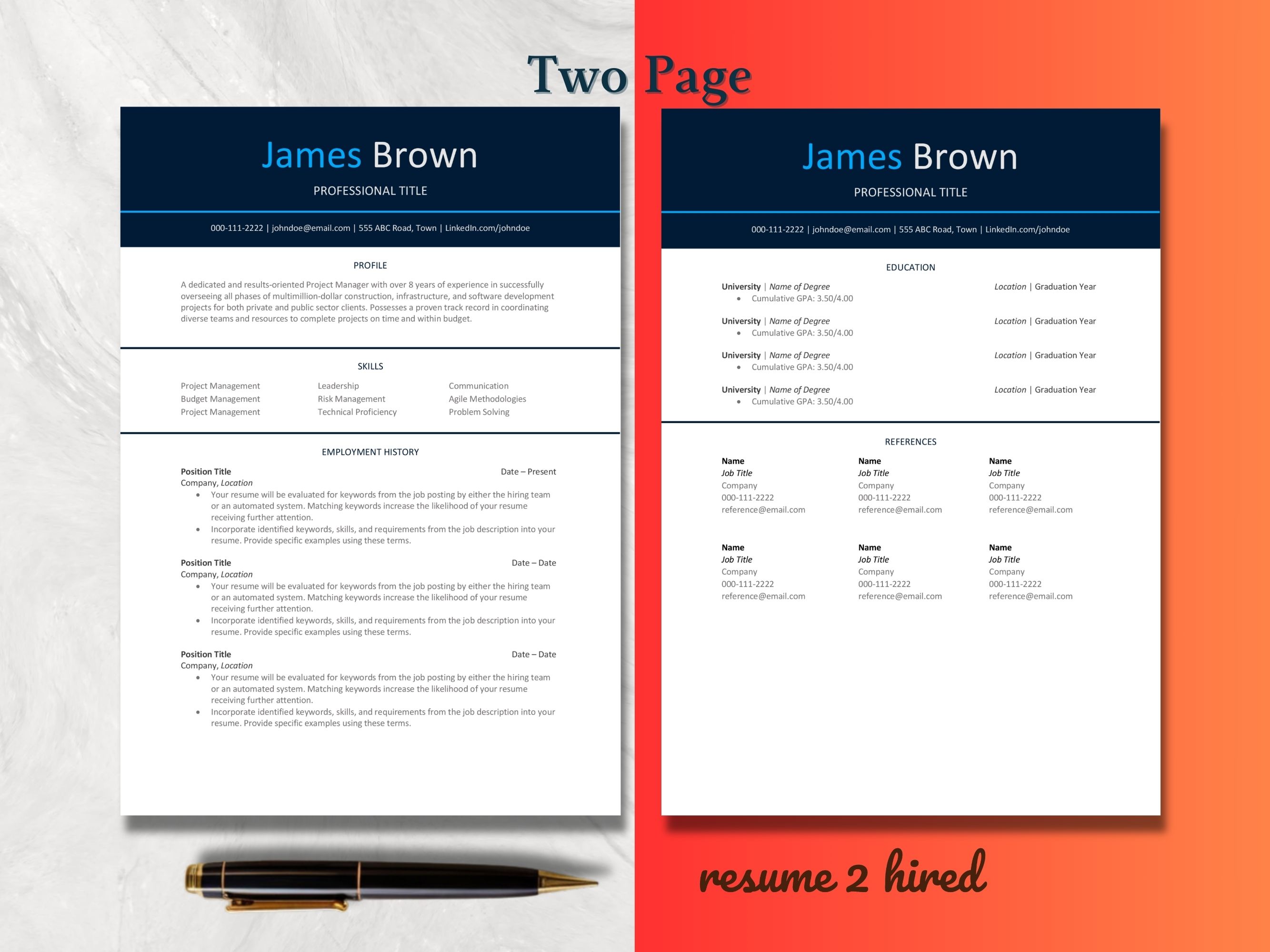 ATS Friendly Resume Template 1, 2 Page in Word