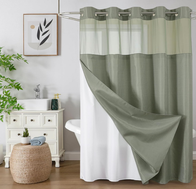No Hook Shower Curtain with Snap in Fabric Liner, Waffle Weave Heavy Duty Thick Shower Curtains with Mesh Top Window, Hotel Style Waterproof Bathroom Curtain Set, 72'' x 75'', Sage Green