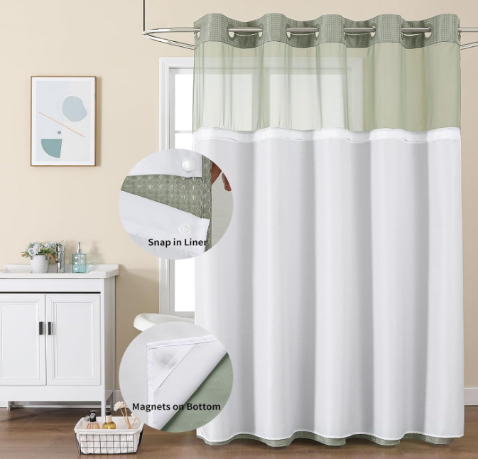 No Hook Shower Curtain with Snap in Fabric Liner, Waffle Weave Heavy Duty Thick Shower Curtains with Mesh Top Window, Hotel Style Waterproof Bathroom Curtain Set, 72'' x 75'', Sage Green