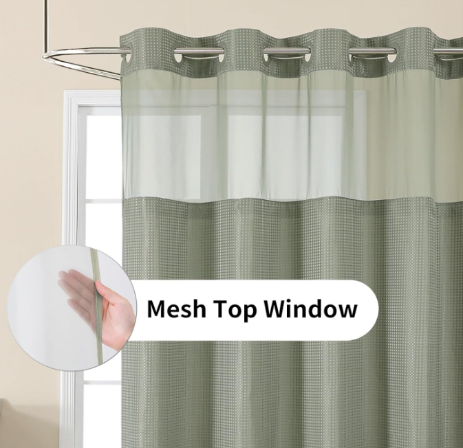 No Hook Shower Curtain with Snap in Fabric Liner, Waffle Weave Heavy Duty Thick Shower Curtains with Mesh Top Window, Hotel Style Waterproof Bathroom Curtain Set, 72'' x 75'', Sage Green