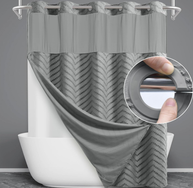 No Hook Shower Curtain with Snap in Liner, Tufted Chevron Striped Shower Curtain Set for Bathroom, Boho Waterproof and Washable Shower Curtains, 71Wx74H, Grey