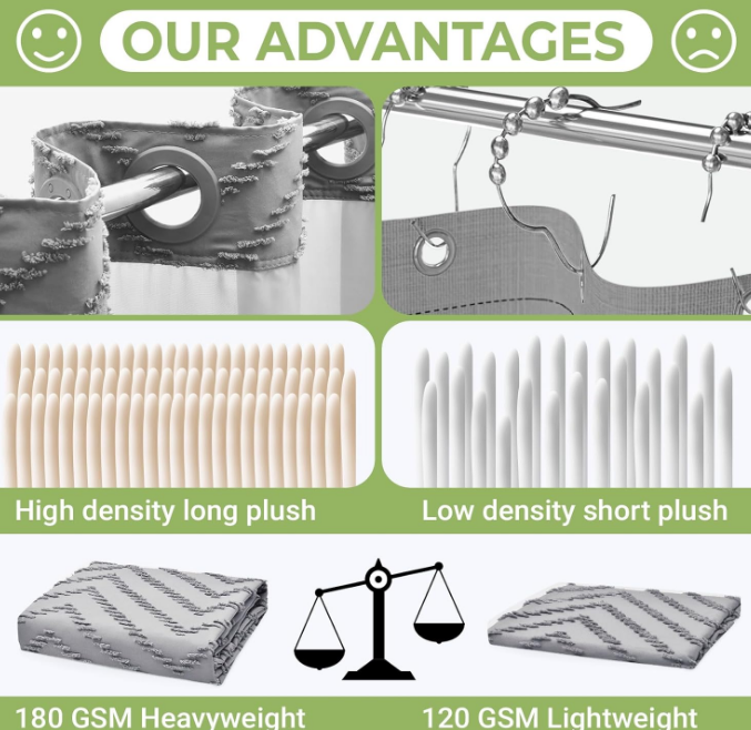 No Hook Shower Curtain with Snap in Liner, Tufted Chevron Striped Shower Curtain Set for Bathroom, Boho Waterproof and Washable Shower Curtains, 71Wx74H, Grey