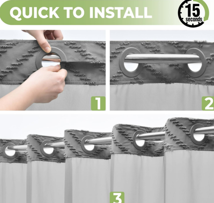 No Hook Shower Curtain with Snap in Liner, Tufted Chevron Striped Shower Curtain Set for Bathroom, Boho Waterproof and Washable Shower Curtains, 71Wx74H, Grey