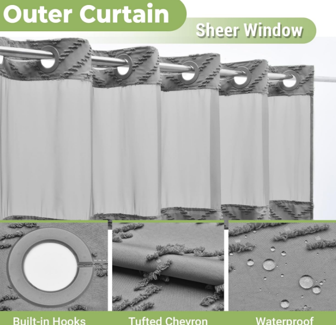 No Hook Shower Curtain with Snap in Liner, Tufted Chevron Striped Shower Curtain Set for Bathroom, Boho Waterproof and Washable Shower Curtains, 71Wx74H, Grey