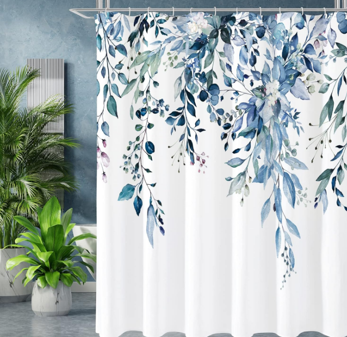 Blue Eucalyptus Shower Curtain, Watercolor Plant Leaves with Floral Bathroom Shower Curtain Set with Hooks, 72x72