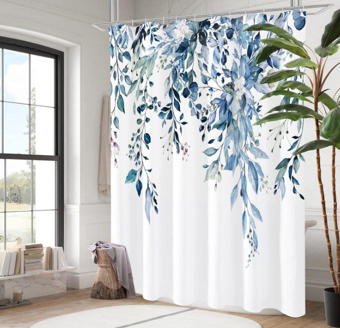 Blue Eucalyptus Shower Curtain, Watercolor Plant Leaves with Floral Bathroom Shower Curtain Set with Hooks, 72x72