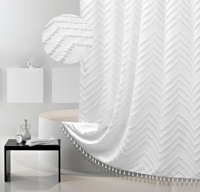 Boho Shower Curtain White Tassel Woven Fabric Shower Curtain Modern Farmhouse Textured Tufted Chevron Striped Minimalist Bathroom Hotel 72 x 72 White