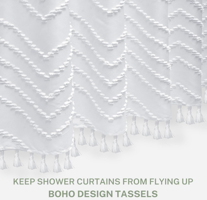 Boho Shower Curtain White Tassel Woven Fabric Shower Curtain Modern Farmhouse Textured Tufted Chevron Striped Minimalist Bathroom Hotel 72 x 72 White