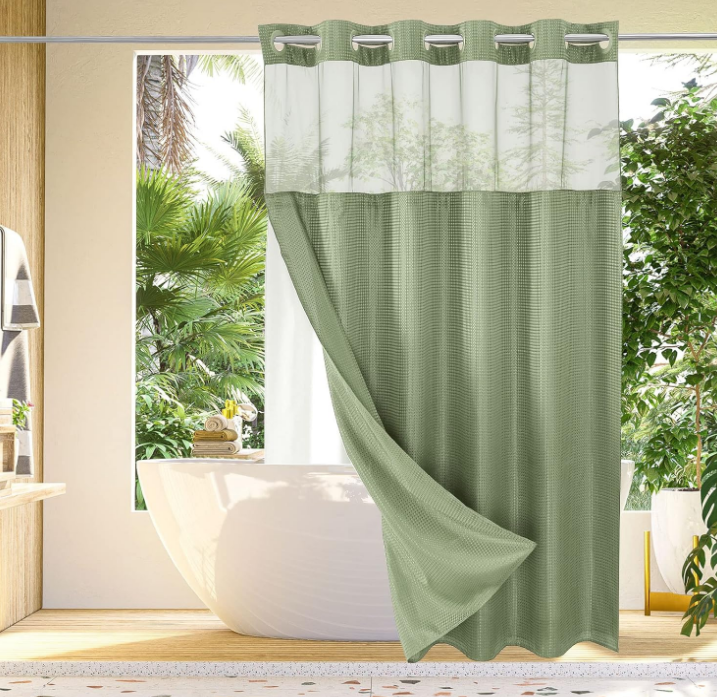 No Hook Waffle Weave Shower Curtain with Snap-in Fabric Liner Set for Bathroom, Hotel Style with Mesh Top Window, Waterproof & Washable, Sage Green, 72x74