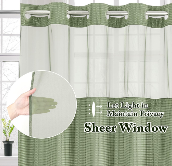 No Hook Waffle Weave Shower Curtain with Snap-in Fabric Liner Set for Bathroom, Hotel Style with Mesh Top Window, Waterproof & Washable, Sage Green, 72x74