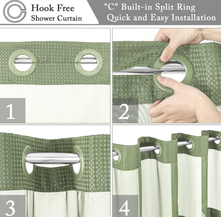 No Hook Waffle Weave Shower Curtain with Snap-in Fabric Liner Set for Bathroom, Hotel Style with Mesh Top Window, Waterproof & Washable, Sage Green, 72x74
