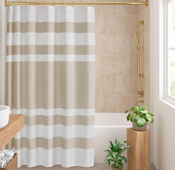Shower Curtain Waffle Weave Striped Pieced Design Fabric Shower Curtain for Bathroom with 3M Scotchgard Moisture Management Premium Spa Quality Modern Standard 72"x72" Taupe
