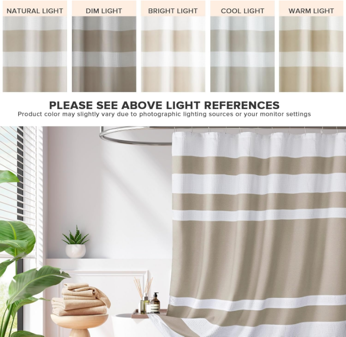 Shower Curtain Waffle Weave Striped Pieced Design Fabric Shower Curtain for Bathroom with 3M Scotchgard Moisture Management Premium Spa Quality Modern Standard 72"x72" Taupe