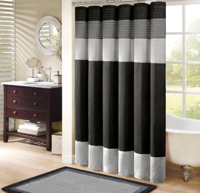 Amherst Bathroom Shower Curtain Faux Silk Pieced Striped Modern Microfiber Bath Curtains, 72x72 Inches, Black