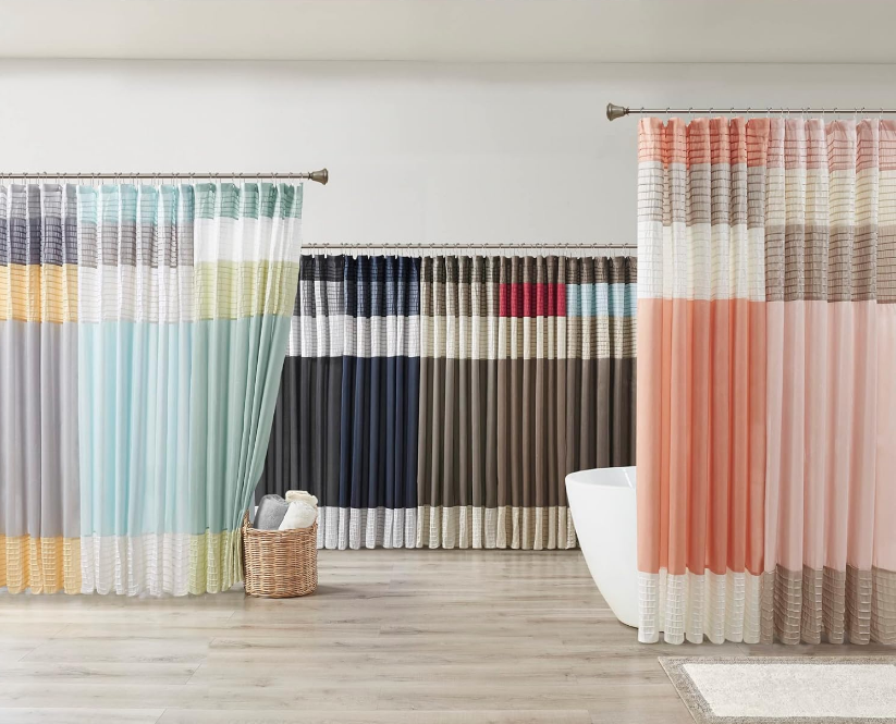 Amherst Bathroom Shower Curtain Faux Silk Pieced Striped Modern Microfiber Bath Curtains, 72x72 Inches, Black