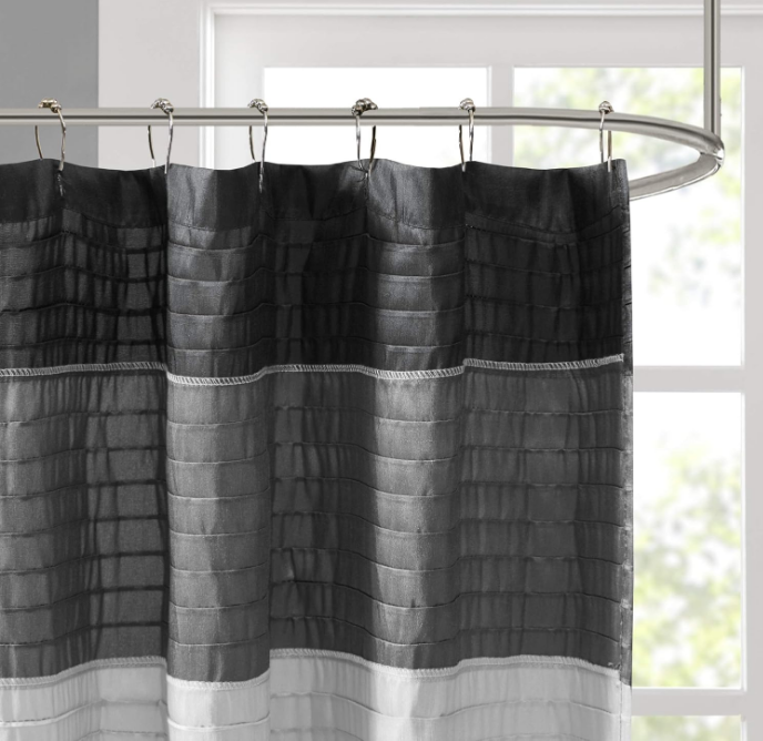 Amherst Bathroom Shower Curtain Faux Silk Pieced Striped Modern Microfiber Bath Curtains, 72x72 Inches, Black
