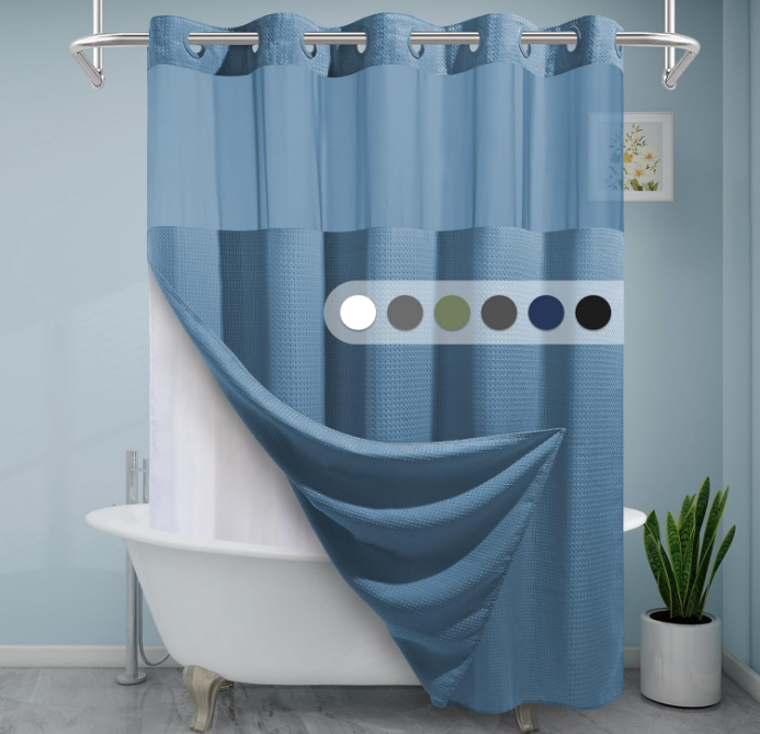 Moonlight Blue No Hook Shower Curtain with Snap in Liner,230GSM Waffle Weave Shower Curtains for Bathroom,71W x 74H