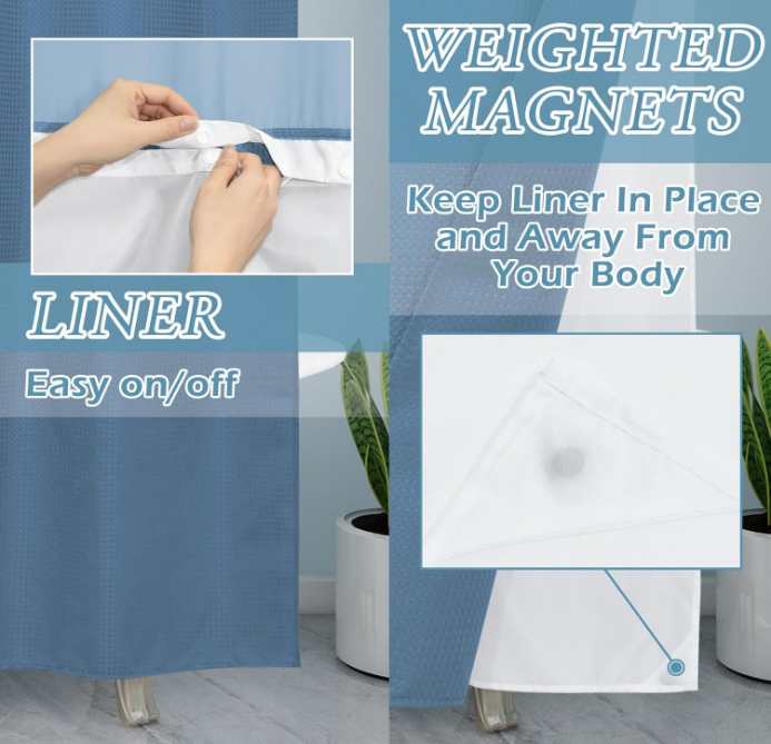 Moonlight Blue No Hook Shower Curtain with Snap in Liner,230GSM Waffle Weave Shower Curtains for Bathroom,71W x 74H