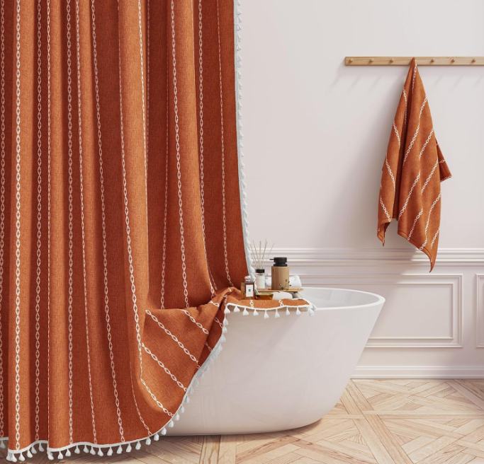 Boho Farmhouse Shower Curtain, Linen Rustic Weighted Striped Fabric Shower Curtain Set with Tassel, Water Repellent, Bohemian Vintage Country Shower Curtains for Bathroom, Burnt Orange, 72x72