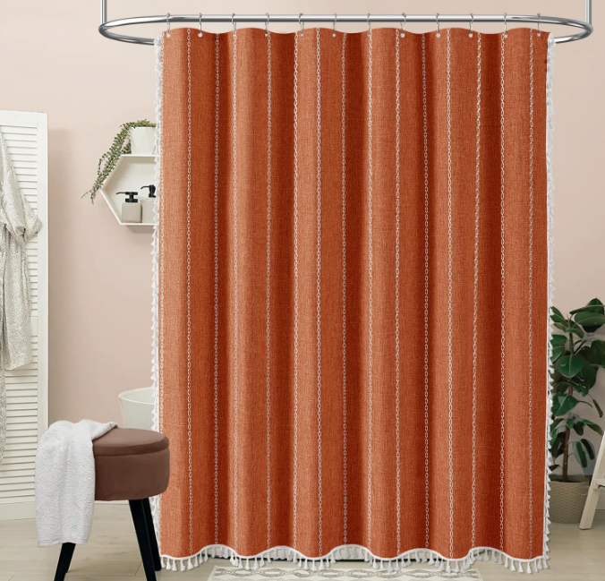 Boho Farmhouse Shower Curtain, Linen Rustic Weighted Striped Fabric Shower Curtain Set with Tassel, Water Repellent, Bohemian Vintage Country Shower Curtains for Bathroom, Burnt Orange, 72x72