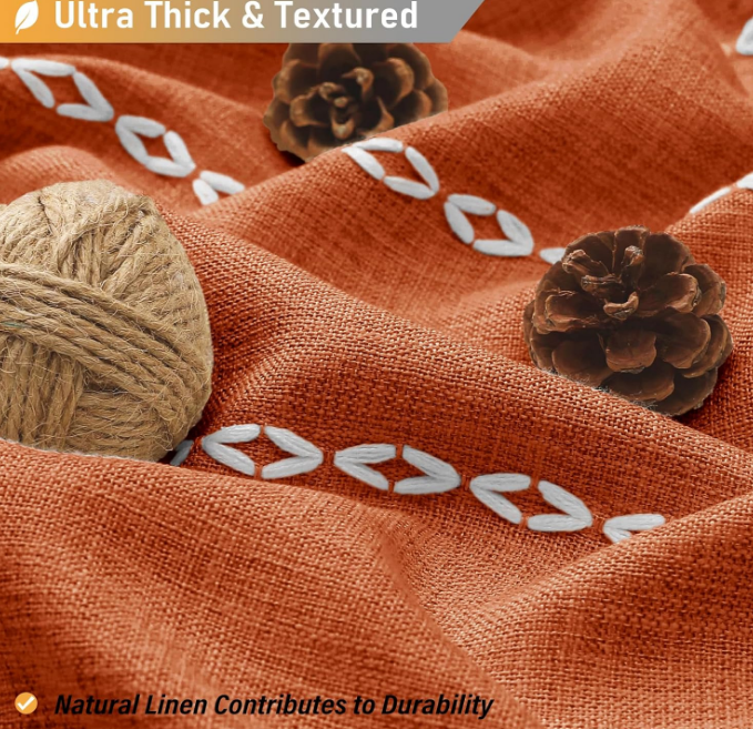 Boho Farmhouse Shower Curtain, Linen Rustic Weighted Striped Fabric Shower Curtain Set with Tassel, Water Repellent, Bohemian Vintage Country Shower Curtains for Bathroom, Burnt Orange, 72x72