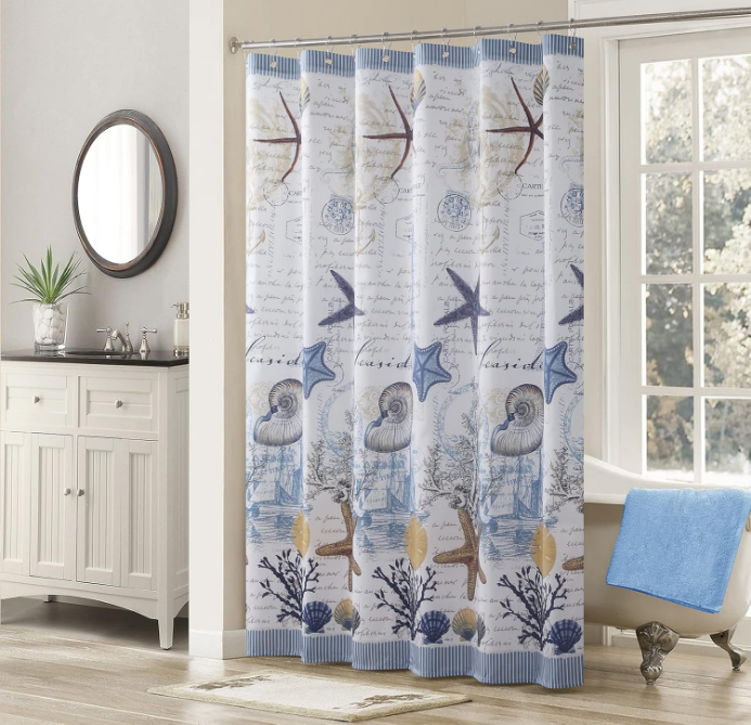 Under The Sea Seashell Blue Coastal Polyester Fabric Beach Lighthouse Modern Shower Curtain,Ocean Printed Navy Starfish Waterproof Farmhouse Bathroom Curtains,72" W x 72" L