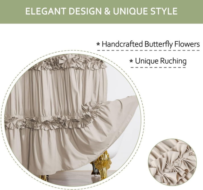 Camel Ruffle Shower Curtain, Vintage Handcrafted Bow Tie Ruched Microfiber Bath Curtain for Master Bathroom with 12 Buttonholes, 72" W x 72" H (LQ-10)