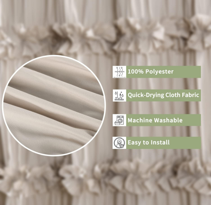 Camel Ruffle Shower Curtain, Vintage Handcrafted Bow Tie Ruched Microfiber Bath Curtain for Master Bathroom with 12 Buttonholes, 72" W x 72" H (LQ-10)