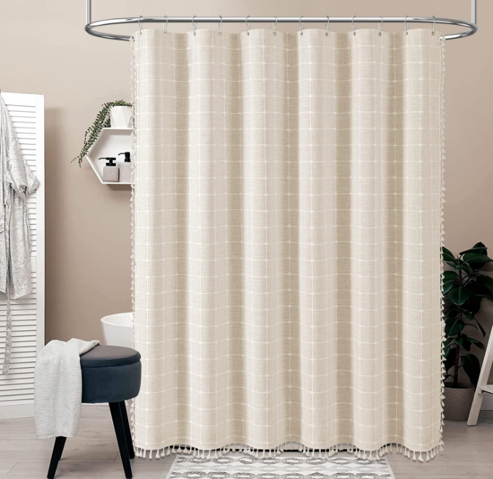 Boho Farmhouse Shower Curtain Set with Tassel - Linen Rustic Heavy Duty Fabric, Water Repellent, Modern Bohemian French Country Thick Bathroom Shower Curtains - Cream/Beige, 72x72