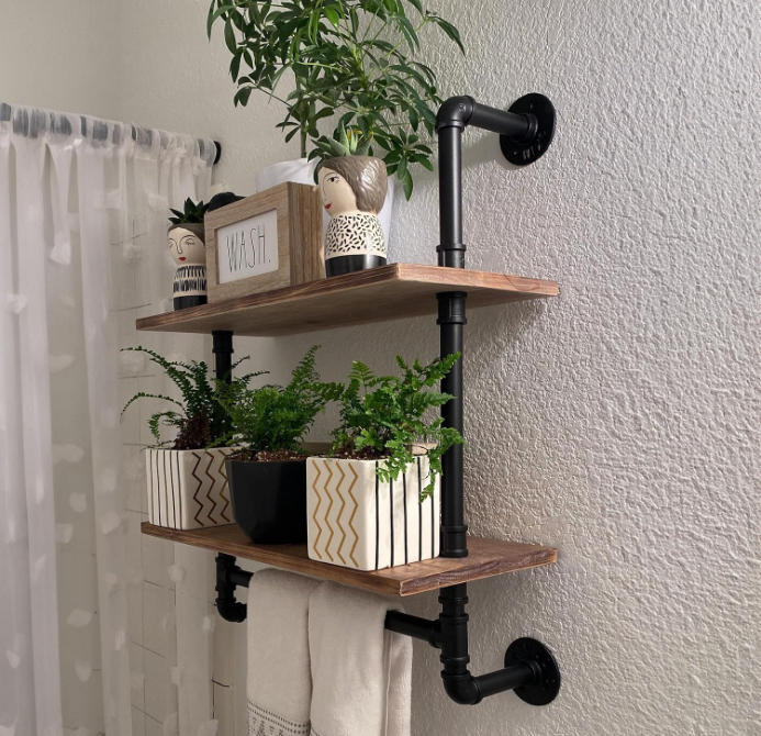 Pine Wood Floating Shelves Wall Shelves 24 inch,Bathroom Pipe Shelves with Towel Rack, Industrial Wall Mounted Shelf for Bathroom Decor for Living Room Bedroom Kitchen Bathroom