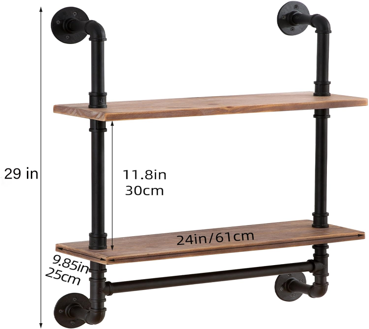 Pine Wood Floating Shelves Wall Shelves 24 inch,Bathroom Pipe Shelves with Towel Rack, Industrial Wall Mounted Shelf for Bathroom Decor for Living Room Bedroom Kitchen Bathroom