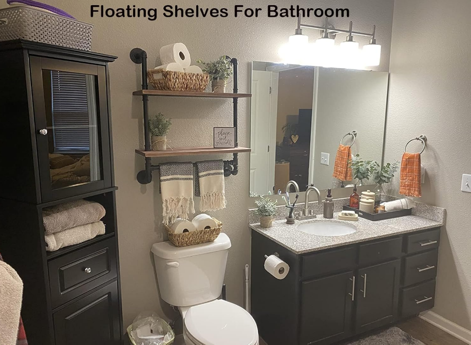 Pine Wood Floating Shelves Wall Shelves 24 inch,Bathroom Pipe Shelves with Towel Rack, Industrial Wall Mounted Shelf for Bathroom Decor for Living Room Bedroom Kitchen Bathroom