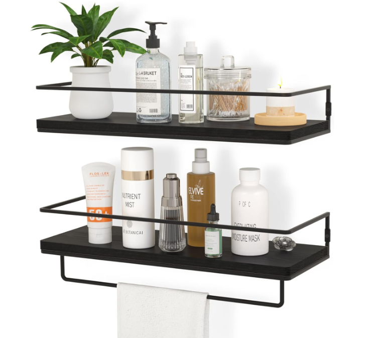 Floating Shelves for Wall Set of 2, Wall Mounted Storage Shelves with Black Metal Frame and Towel Rack for Bathroom, Bedroom, Living Room, Kitchen, Office (Black)