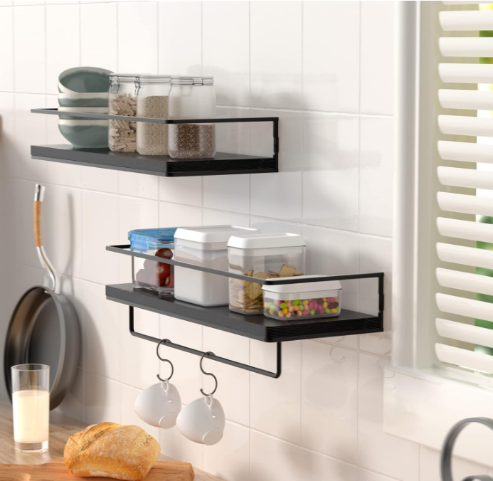 Floating Shelves for Wall Set of 2, Wall Mounted Storage Shelves with Black Metal Frame and Towel Rack for Bathroom, Bedroom, Living Room, Kitchen, Office (Black)