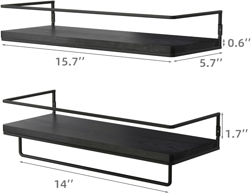 Floating Shelves for Wall Set of 2, Wall Mounted Storage Shelves with Black Metal Frame and Towel Rack for Bathroom, Bedroom, Living Room, Kitchen, Office (Black)