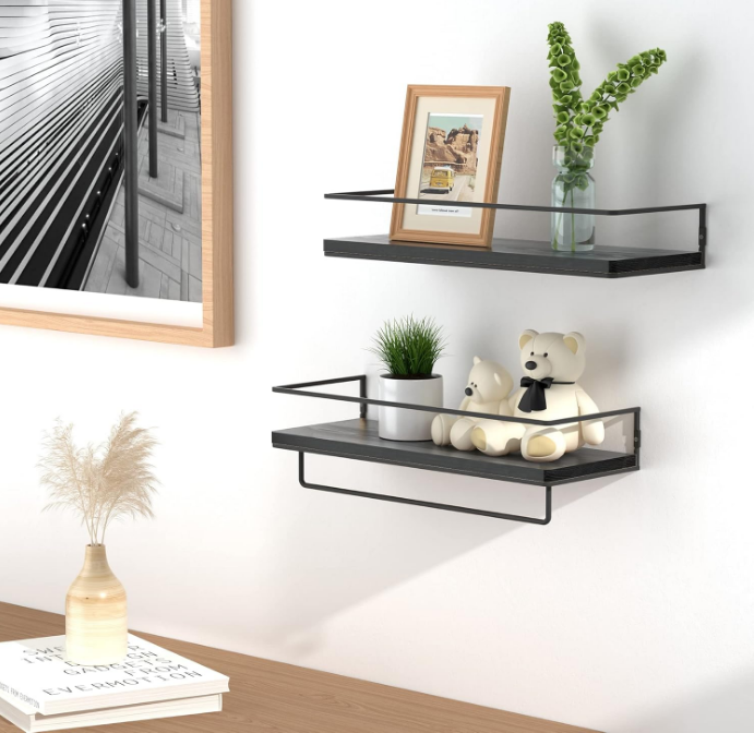 Floating Shelves for Wall Set of 2, Wall Mounted Storage Shelves with Black Metal Frame and Towel Rack for Bathroom, Bedroom, Living Room, Kitchen, Office (Black)