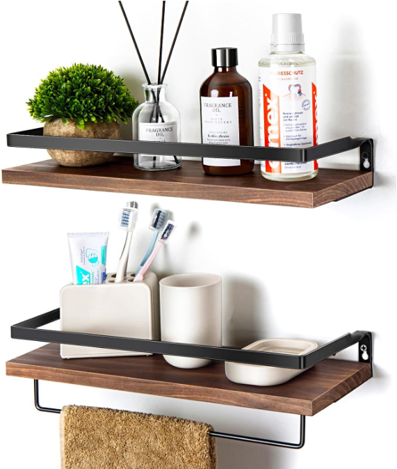 Floating Shelves for Wall, Bathroom Shelves with Towel Bar, Wall Mounted Storage Shelves for Kitchen, Bathroom, Set of 2 Brown