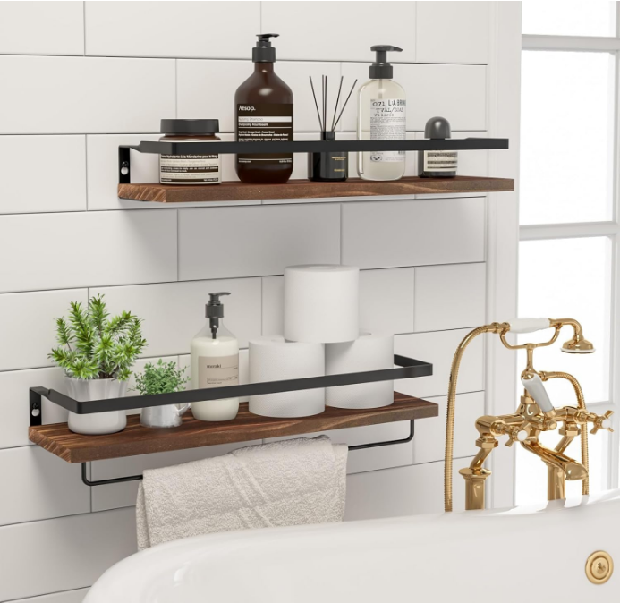 Floating Shelves for Wall, Bathroom Shelves with Towel Bar, Wall Mounted Storage Shelves for Kitchen, Bathroom, Set of 2 Brown