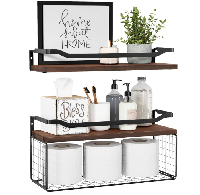 Floating Shelves with Wire Storage Basket, Bathroom Shelves Over Toilet with Protective Metal Guardrail, Wood Wall Shelves for Bathroom, Bedroom, Living Room, Toilet Paper- Dark Brown