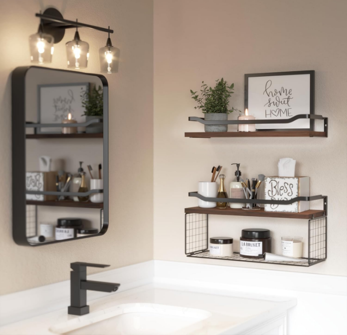 Floating Shelves with Wire Storage Basket, Bathroom Shelves Over Toilet with Protective Metal Guardrail, Wood Wall Shelves for Bathroom, Bedroom, Living Room, Toilet Paper- Dark Brown