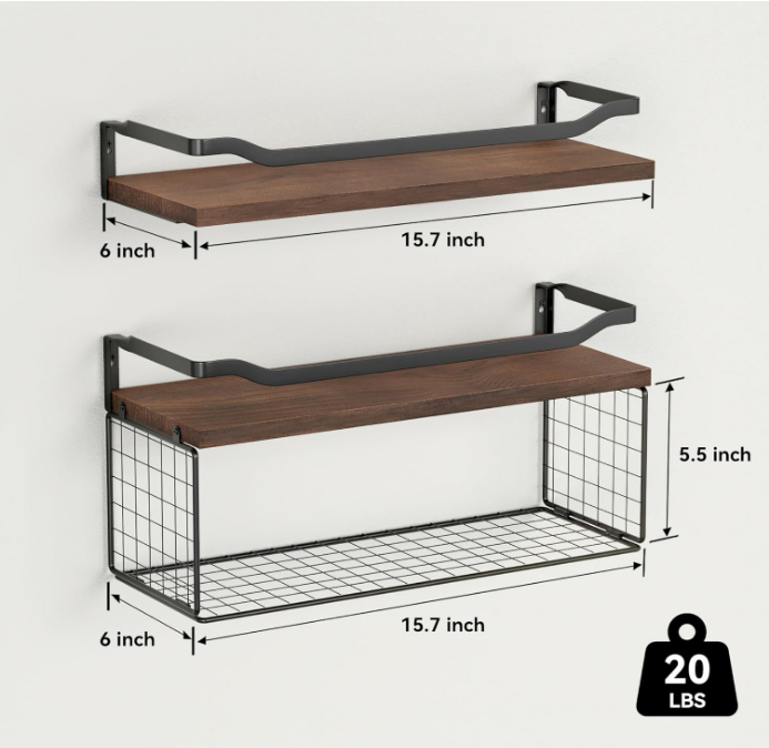 Floating Shelves with Wire Storage Basket, Bathroom Shelves Over Toilet with Protective Metal Guardrail, Wood Wall Shelves for Bathroom, Bedroom, Living Room, Toilet Paper- Dark Brown