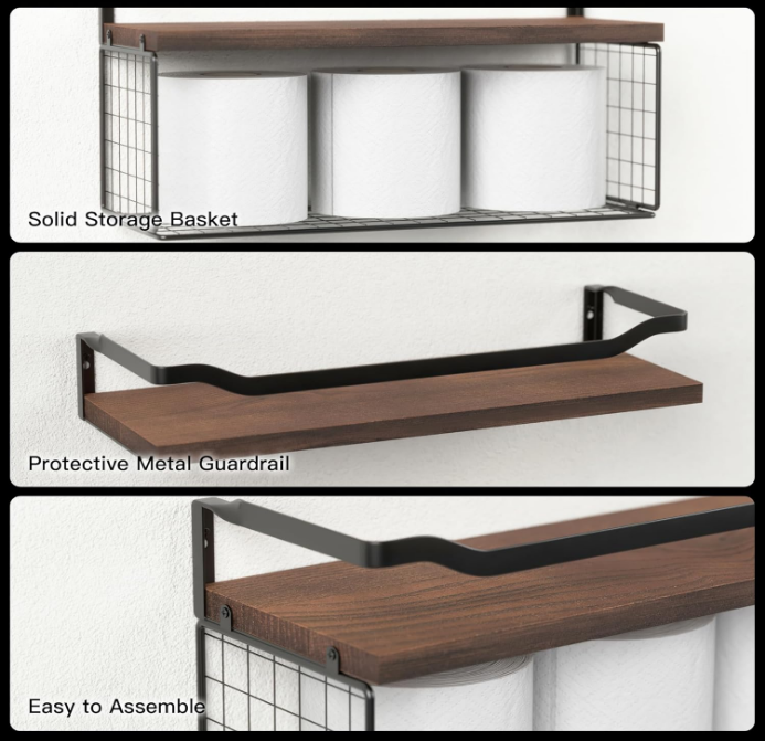 Floating Shelves with Wire Storage Basket, Bathroom Shelves Over Toilet with Protective Metal Guardrail, Wood Wall Shelves for Bathroom, Bedroom, Living Room, Toilet Paper- Dark Brown