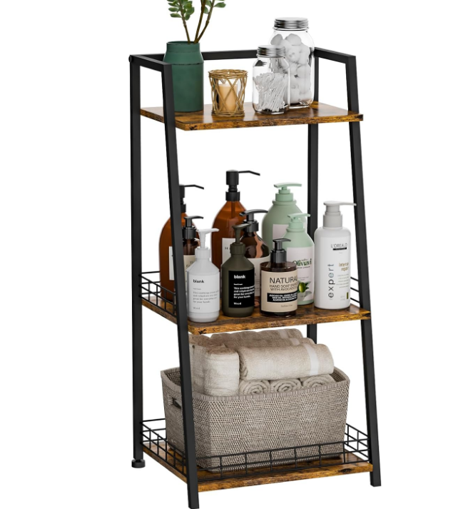 3-Tier Bathroom Shelf with Fence, Retro Bathroom Organizers and Storage Stand, Wood Shelving Unit with Metal Frames, Classic Open Floor Storage Shelves for Bathroom, Laundry Room, Living Room